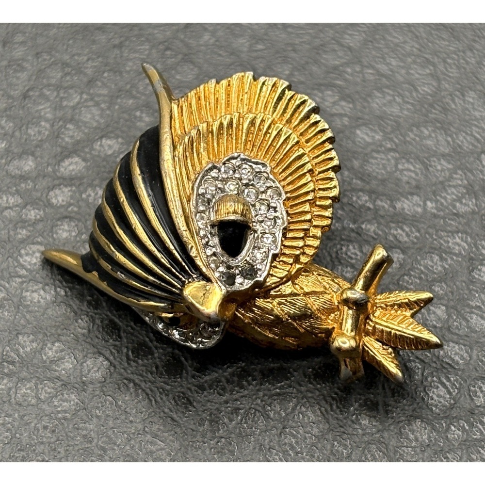 Vintage Jomaz Owl Rhinestone Black Enamel Brooch Pin Gold Tone READ